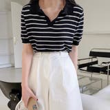 ボーダー柄スキッパー襟半袖ニットポロシャツ レディース トップス | Doux Belle | 詳細画像12
