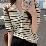 ボーダー柄スキッパー襟半袖ニットポロシャツ レディース トップス | Doux Belle | 詳細画像2