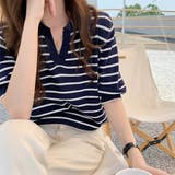 ボーダー柄スキッパー襟半袖ニットポロシャツ レディース トップス | Doux Belle | 詳細画像6