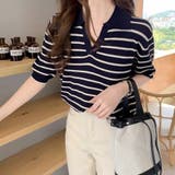 ボーダー柄スキッパー襟半袖ニットポロシャツ レディース トップス | Doux Belle | 詳細画像9