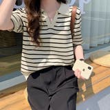 ベージュ | ボーダー柄スキッパー襟半袖ニットポロシャツ レディース トップス | Doux Belle