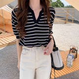 ブラック | ボーダー柄スキッパー襟半袖ニットポロシャツ レディース トップス | Doux Belle