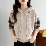 ケーブル編みボーダー袖フード付きニット | Doux Belle  | 詳細画像1 