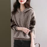 コーヒー | ケーブル編みボーダー袖フード付きニット | Doux Belle 