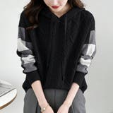 ブラック | ケーブル編みボーダー袖フード付きニット | Doux Belle 