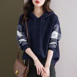 ネイビー | ケーブル編みボーダー袖フード付きニット | Doux Belle 