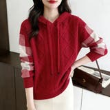 レッド | ケーブル編みボーダー袖フード付きニット | Doux Belle 