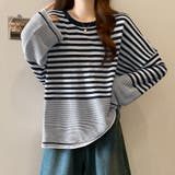 ネイビー | 太細ボーダー切替ゆるシルエットトップス | Doux Belle 