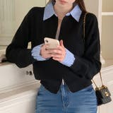 ブラック | レイヤード風ジップニットストライプシャツ | Doux Belle