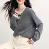 ボーダーレイヤード風キーネック長袖ニットプルオーバー レディース トップス | Doux Belle  | 詳細画像2 