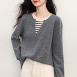 グレー | ボーダーレイヤード風キーネック長袖ニットプルオーバー レディース トップス | Doux Belle 