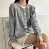 グレー | リボン&フラワー刺繍ニットカーディガン レディース トップス | Doux Belle