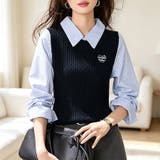 ネイビー | レイヤード風ケーブルドッキング長袖トップス レディース トップス | Doux Belle