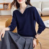 配色切り替えセーラーカラー長袖ニットプルオーバー レディース トップス | Doux Belle | 詳細画像7