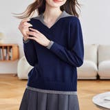 ネイビー | 配色切り替えセーラーカラー長袖ニットプルオーバー レディース トップス | Doux Belle
