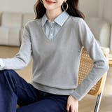 グレー | ストライプ柄ドッキングVネックニットトップス レディース トップス | Doux Belle