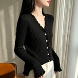 ブラック | メロウフリルVネック長袖リブニットトップス レディース トップス | Doux Belle