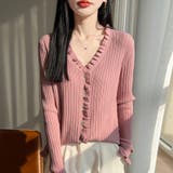 ピンク | メロウフリルVネック長袖リブニットトップス レディース トップス | Doux Belle