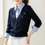ネイビー | Vネックカーディガン風ストライプドッキングトップス レディース トップス | Doux Belle