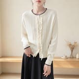 ベージュ | フリル切り替えクルーネック長袖ニットカーディガン レディース トップス | Doux Belle
