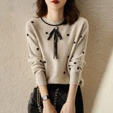 ドット柄ブローチ風リボン付き長袖ニットプルオーバー レディース トップス | Doux Belle | 詳細画像1