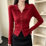 襟付きスキッパーサイドギャザー長袖ニットプルオーバー レディース トップス | Doux Belle | 詳細画像11