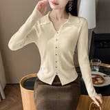 襟付きスキッパーサイドギャザー長袖ニットプルオーバー レディース トップス | Doux Belle | 詳細画像3