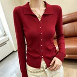レッド | 襟付きスキッパーサイドギャザー長袖ニットプルオーバー レディース トップス | Doux Belle