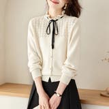 ベージュ | フリルネックリボンタイ付き透かし編みニットトップス レディース トップス | Doux Belle