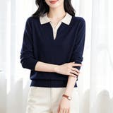 配色ポロ襟Vネックボタン長袖ニットプルオーバー レディース トップス | Doux Belle | 詳細画像1