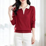 配色ポロ襟Vネックボタン長袖ニットプルオーバー レディース トップス | Doux Belle | 詳細画像10