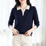 配色ポロ襟Vネックボタン長袖ニットプルオーバー レディース トップス | Doux Belle | 詳細画像3