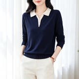 ネイビー | 配色ポロ襟Vネックボタン長袖ニットプルオーバー レディース トップス | Doux Belle