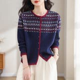 ネイビー | ノルディック柄クルーネック長袖ニットカーディガン レディース トップス | Doux Belle