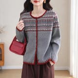 グレー | ノルディック柄クルーネック長袖ニットカーディガン レディース トップス | Doux Belle