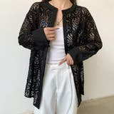 ブラック | 幾何×花柄前開きカーディガン | Doux Belle 