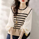 ボーダー×プリーツ袖ドッキングブラウス | Doux Belle | 詳細画像3