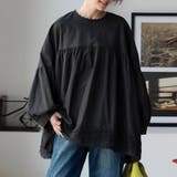 ブラック | レース裾付きパフスリーブブラウス | Doux Belle 