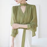 グリーン | スカーフ風ネックデザインブラウス レディース トップス | Doux Belle 