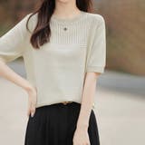 ベージュ | リブ切り替え×半袖ニットトップス | Doux Belle 