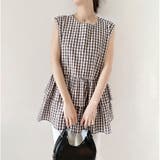 ブラウンチェック | ペプラム風ギンガムチェックトップス | Doux Belle 