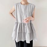 グレーチェック | ペプラム風ギンガムチェックトップス | Doux Belle 