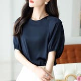 ネイビー | 7分袖ラウンドネックパフスリーブブラウス  | Doux Belle 