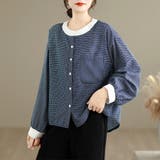 ネイビー | 配色切替クレリックチェック柄長袖ブラウス レディース トップス | Doux Belle 