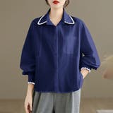 ネイビー | スカラップ刺繍襟長袖シャツ レディース トップス | Doux Belle 