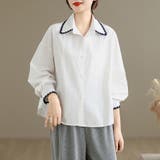 ホワイト | スカラップ刺繍襟長袖シャツ レディース トップス | Doux Belle 