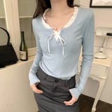 ライトブルー | フリルネックレイヤード風長袖トップス レディース トップス | Doux Belle