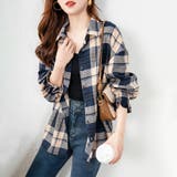 ダークブルー | 袖シャーリングチェック柄オーバーサイズシャツ レディース トップス | Doux Belle 