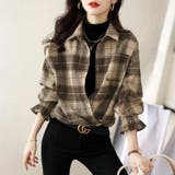 ダークブラウン | 袖シャーリングチェック柄オーバーサイズシャツ レディース トップス | Doux Belle 