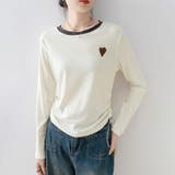 ハートワッペン付きサイドギャザー長袖Tシャツ レディース トップス | Doux Belle  | 詳細画像1 